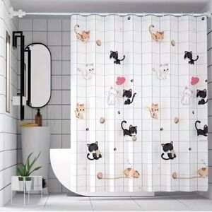 Cartoon Kitty Cat Squares Shower Curtain (71” x 71”) Plus Bonus Hooks